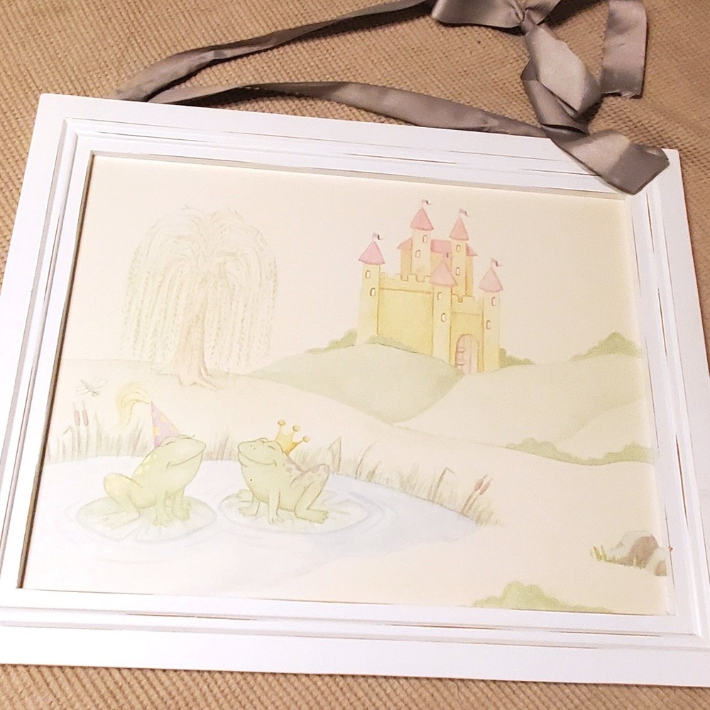 Wendy Bellissimo Frog Prince Framed Art White Pastel Nursery Wall Decor Large OS